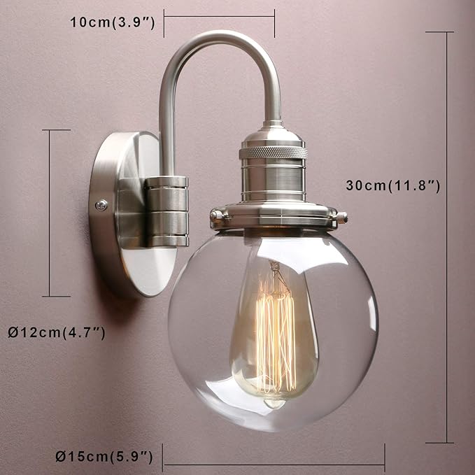 Yosoan 1-Light Vintage Industrial Fixture Light, 5.9'' Round Globe Clear Glass Shade with Elegant Curved Rod Hardwired Wall Sconce for Bathroom Porch Kitchen Living Room Hotel Foyer(Brushed)
