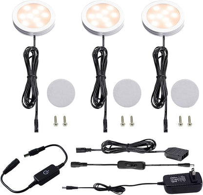 AIBOO Under Cabinet LED Puck Lighting Kit Black Cord with Touch Dimmer Switch for Kitchen Showcase Cupboard Closet Lighting 3 Lights 6W (Warm White)