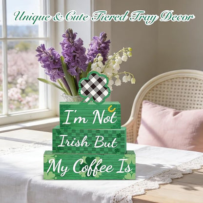 4 Pcs St Patricks Day Decorations for Home St. Patricks Day Tiered Tray Decor Coffee Sign Decor for Home Office Kitchen Desk I'm Not Irish But My Coffee Is Sign