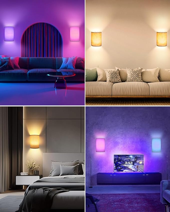 Battery Operated Wall Sconces Set of Two, 18 RGB Colors Stick on Wall Lights with Remote, Changeable Dimmable Height Fabric Battery Powered Wall Lights for Bedroom Living Room Hallway