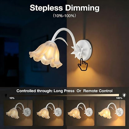 Battery Operated Cordless Flower Wall Sconce Set of 2 (White), Stepless Dimming Magnetic Wireless Wall Lamp, 5200mAh Rechargeable Battery, for Living Room Bedroom Hallway Corridor