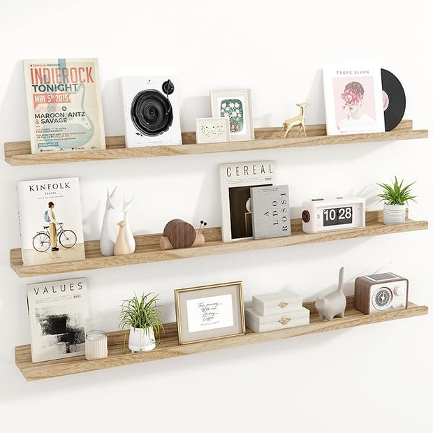 Floating Shelves for Wall, 55 inch Solid Wood Picture Ledge Shelf for Wall Storage, Nursery Book Shelves with Lip for Living Room Bathroom Bedroom Kitchen, Set of 3, Carbonized Black