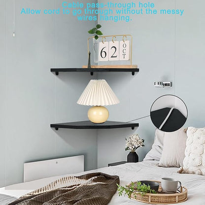 Corner Wall Shelves Set of 2, Rustic Wood Corner Floating Shelves with Cable Raceway, Wall Mount Storage Display for TV Accessories, Baby Monitor, Speaker, Cable Box (Black, Diamond- 12 Inch)