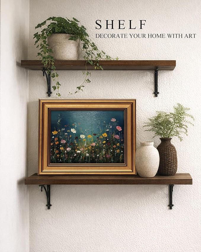 VIYYIEA Gold Framed Art Prints,8x10Inch, Wildflower Floral Vintage Art Painting, Moody Maximalist Decor for Library Bathroom Dining Room Shelf, Rustic Farmhouse Canvas Blue Picture