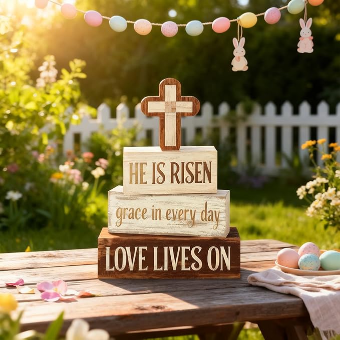 Easter Decorations - He Is Risen Cross Tiered Tray Decor - Religious Easter Wooden Tabletop Sign - Faith Farmhouse Easter Home Decor for Shelf Mantel Indoor - Spring Home Decor for Living Room, Kitchen Counter