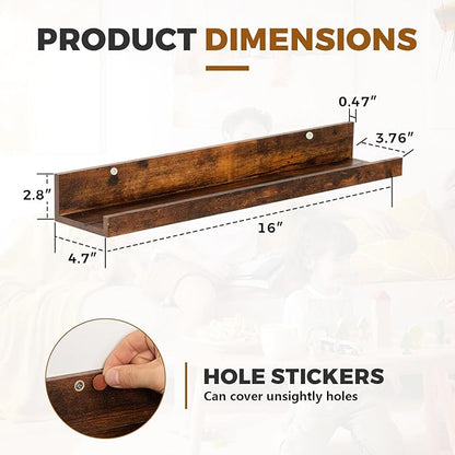 Muzilife 16" Floating Wall Ledge Shelves with Lip - Set of 2 Wood Floating Shelves - Honey Brown Wall Mounted Picture Ledge for Office, Bathroom, Bedroom, Living Room, Kitchen