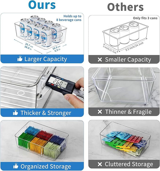 Pantry Organizers and Storage, 8 Pack Snack Organizer for Pantry Shelf,Food Storage Bins with Divider,Clear Containers for Organizing,Transparent Plastic Basket,Refrigerator and Fridge Bins
