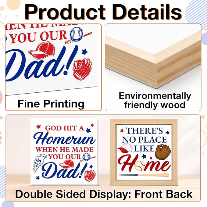 Baseball Home Decor - Gift for Dad - Baseball Wood Box Sign for Home Kitchen Farmhouse Office Tiered Tray Desk Shelf Decor