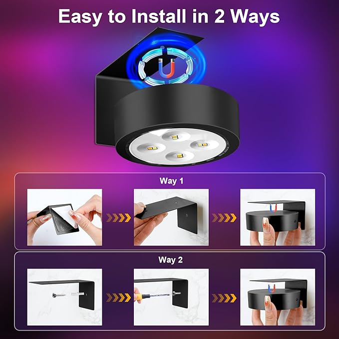 maylit 6 Pack RGBW Picture Lights for Wall, Rechargeable Battery Magnetic Poster Lights, Remote Dimmable Timer Painting Light, Wireless Wall Room Decor Light for Art Display, Frame, Black