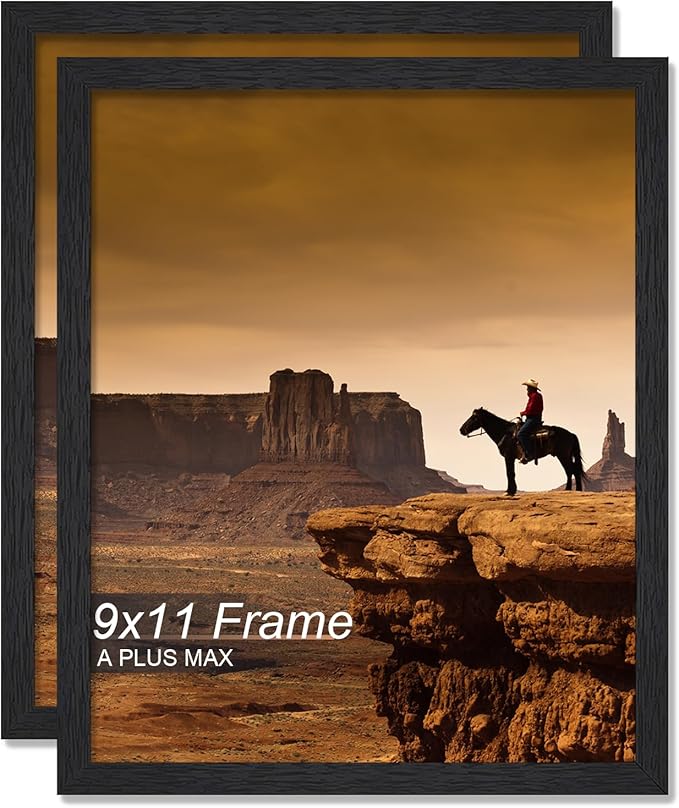 A PLUS MAX 9x11 Picture Frame Set of 2, Black Engineered Wood Frame for 9 x 11 Inch Picture Poster Photo, Light Weight 9 by 11 Frame with Wood-grain for Wall - 2 Pack/Black/9"x11"
