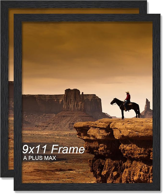A PLUS MAX 9x11 Picture Frame Set of 2, Black Engineered Wood Frame for 9 x 11 Inch Picture Poster Photo, Light Weight 9 by 11 Frame with Wood-grain for Wall - 2 Pack/Black/9"x11"