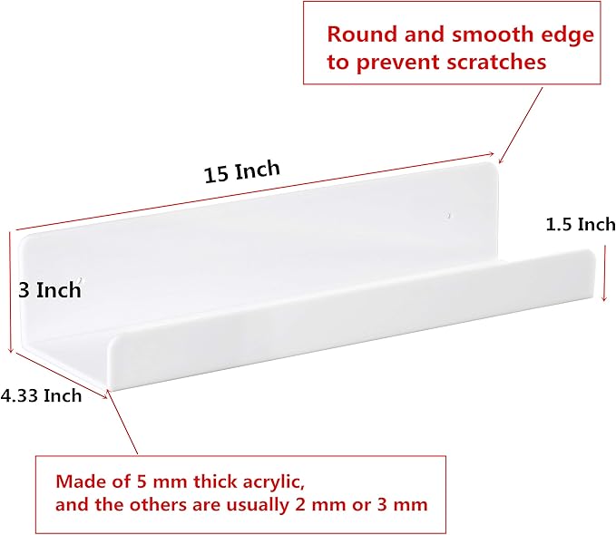 IEEK 6 PCS White Acrylic Floating Shelves Display Ledge,Wall Mounted Nursery Kids Bookshelf,15 Inch Bathroom Wall Shelf and Storage Rack,5mm Thick U Shelf