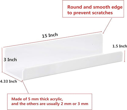 IEEK 6 PCS White Acrylic Floating Shelves Display Ledge,Wall Mounted Nursery Kids Bookshelf,15 Inch Bathroom Wall Shelf and Storage Rack,5mm Thick U Shelf
