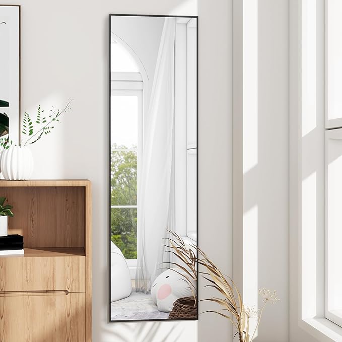 Full Length Door Mirror 14x48, Metal Frame with Protective Film, No-Drilling Hanging or Wall Mount (Horizontal/Vertical), Hooks & Hardware Included, Full Body Mirror for Bedroom, Dorm, Black