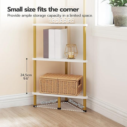 HOOBRO Corner Shelf Stand, Industrial 6-Tier Wall Corner Bookshelf with Metal Frame, Plant Display Shelf, Bookcase for Small Spaces, Living Room, White and Gold DW36CJ01