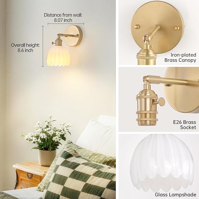 Vintage Battery Operated Wall Sconce with White Tulip Glass Lampshade Rechargeable Battery Powered Wall Light with Remote Control for Bedside Bedroom Doorway