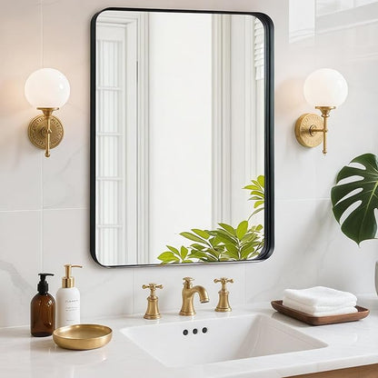 Black Metal Framed Bathroom Mirror - 30x36 Inch Black Round Corner Bathroom Mirror for Over Sink, Matte Rectangle Vanity Mirror for Restroom, Entryway, Hanging Vertically or Horizontally