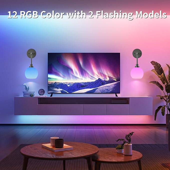 Battery Operated Wall Sconces Set of 2, Black Rechargeable Wireless Wall Lights with Milky White Shade, 12 RGB and 3CCT Dimmable Wall Lamps with Remote for Bedroom Living Room Hallway