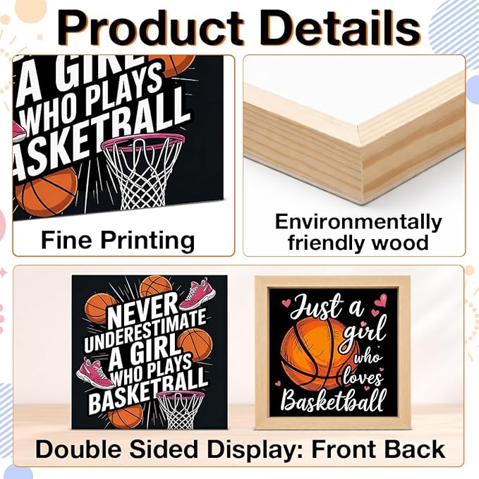 Basketball Home Decor - Gift for Girl Basketball Lover - Double-sided Wood Box Sign for Home Kitchen Farmhouse Office Tiered Tray Desk Shelf Decor