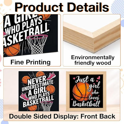 Basketball Home Decor - Gift for Girl Basketball Lover - Double-sided Wood Box Sign for Home Kitchen Farmhouse Office Tiered Tray Desk Shelf Decor