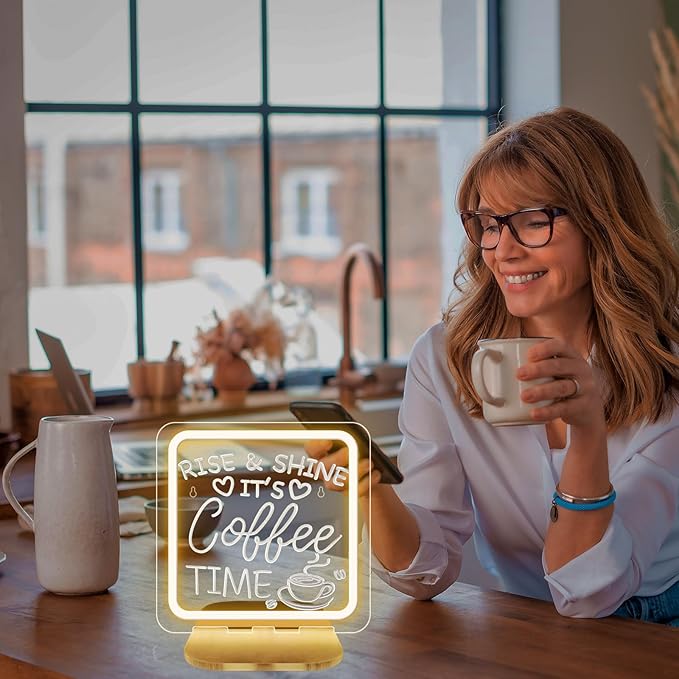 CoffeeBar Sign,Rise & Shine It's Coffee Time Sign,CoffeeBar Decorations Transport Plaque with Stand Gifts for Home Kitchen Tabletop Decor