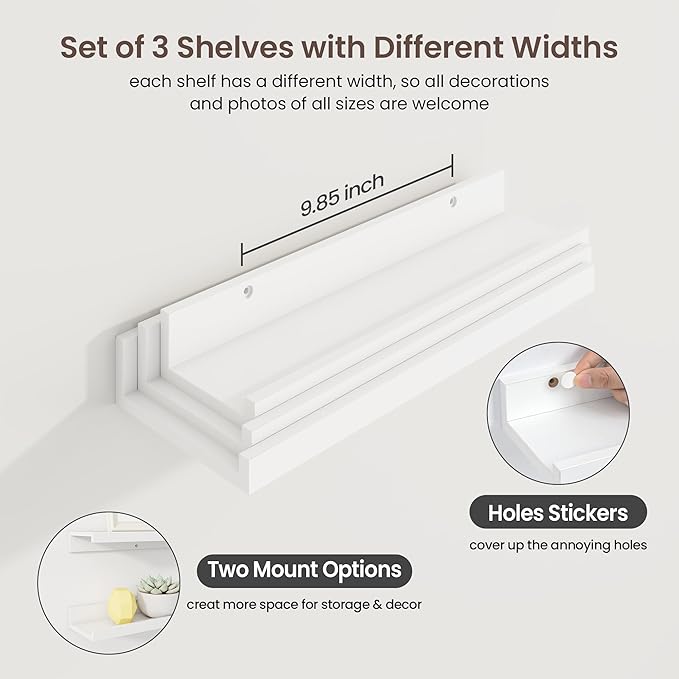 Axeman Picture Ledge Shelf | 16 Inch White Floating Shelves Set of 3 | Rustic Wood Wall Shelves with Lip | 16