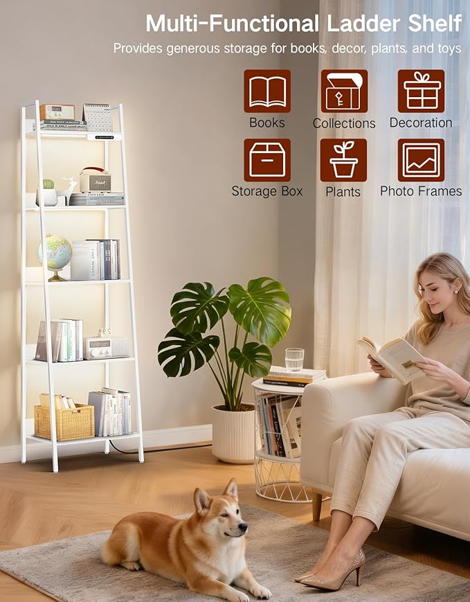 5-Tier Small Ladder Shelf with LED Lights, Touch & Remote Control, 3 Color Temperatures, Dimmable Tall Corner Standing Bookcase, Metal Wood Display Shelf for Living Room, Bedroom(White)