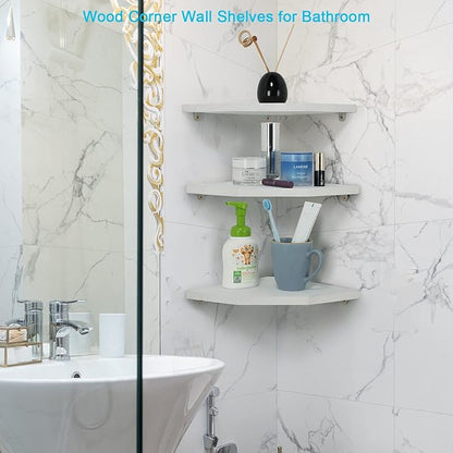 Joiishom Corner Wall Shelf Set of 3, Floating Corner Shelves, Rustic Wood Wall Storage Display Shelves for Living Room Bedroom Bathroom Kitchen (Fanshaped-White)