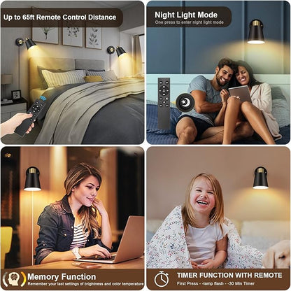 Wall Sconce Plug in, Remote Control Dimmable Wall Sconces and Adjustable Color Temperature 2700K-6000K Wall Lights with Plug in Cord, Wall Mounted Light for Bedroom Bedside(2 Pack, 2 Bulbs)