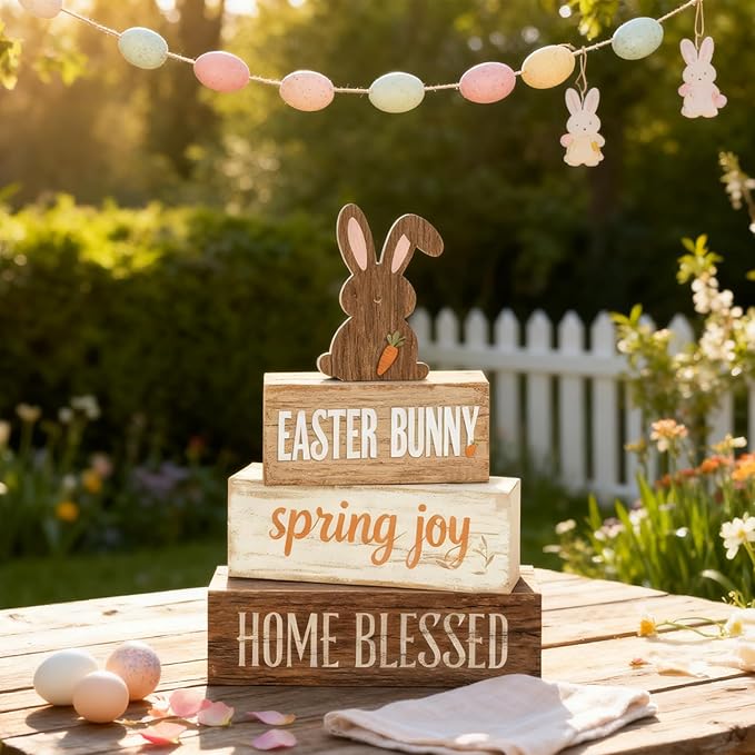 Easter Decorations - Easter Bunny Tiered Tray Decor Set - Wooden Easter Tabletop Decoration - Rustic Farmhouse Spring Home Decor Indoor for Tiered Tray Shelf Mantel Coffee Table Gift - Spring Home Decor for Living Room, Kitchen Counter