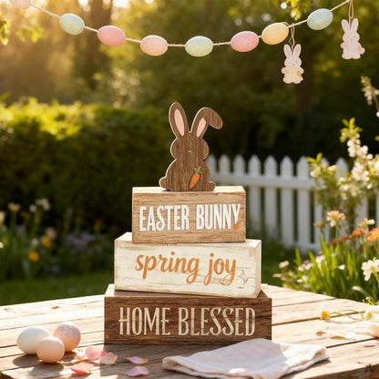 Easter Decorations - Easter Bunny Tiered Tray Decor Set - Wooden Easter Tabletop Decoration - Rustic Farmhouse Spring Home Decor Indoor for Tiered Tray Shelf Mantel Coffee Table Gift - Spring Home Decor for Living Room, Kitchen Counter