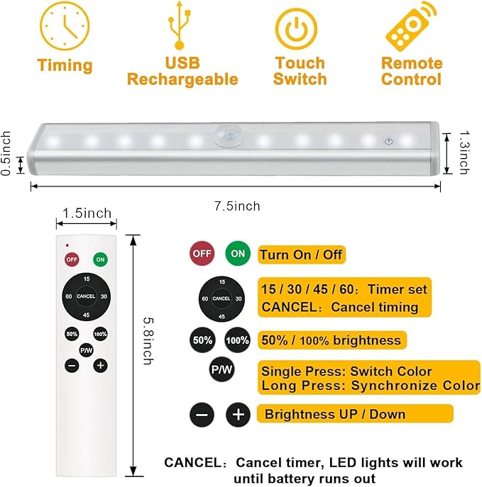 Diomart Under Cabinet Lighting, Wireless Rechargeable Under Counter Lights with Remote Control, 20- LED Dimmable Led Closet Light Stick-on Anywhere Touch Night Light for Kitchen, Wardrobe (4 Pcs)
