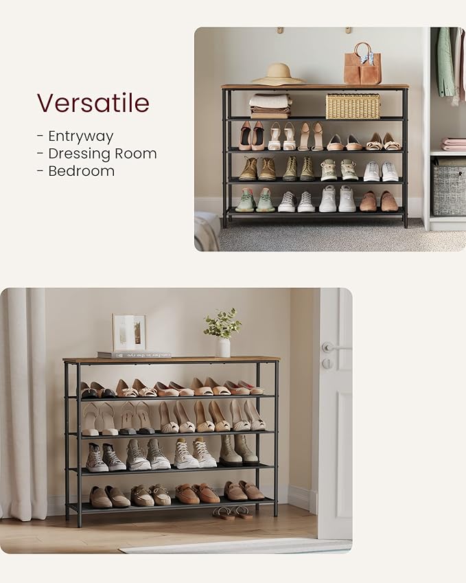 VASAGLE Shoe Rack, 5-Tier Shoe Storage Organizer for Entryway and Closet, Holds 20-24 Pairs of Shoes, 4 Fabric Shelves, Steel Frame, Industrial, Rustic Brown and Black ULBS136B01