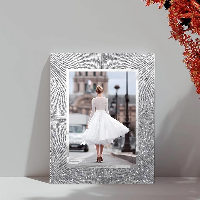 6x8 Picture Frame Glass 2 Pack, Sparkly Glitter Photo Frame 6 x 8 Mirror Crystal Wedding Gift Wall and Tabletop Display