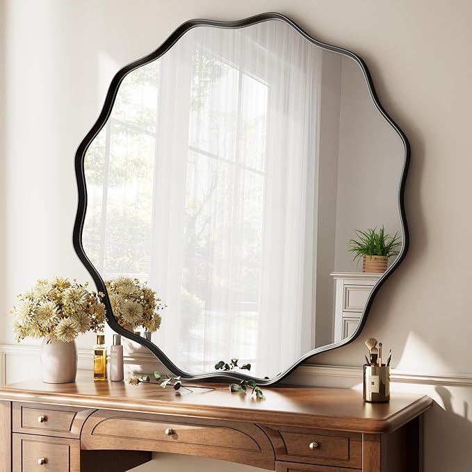 Round Wavy Mirror - 30 Inch Metal Frame Round Mirrors Wavy Edge Circle Mirror for Bathroom Bedroom Living Room Entryway Black