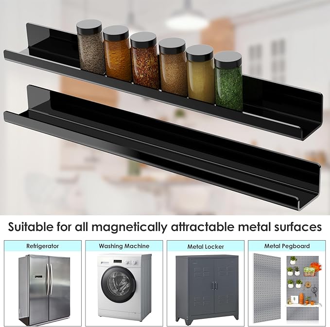 NiHome Set of 2 Magnetic Acrylic Floating Book Shelves, 24 Inches Long for Whiteboard, Classroom and Fridge Storage, Holds Up to 8.5 lbs, Sleek Design Organizer for Large Picture Adhesive (Black)