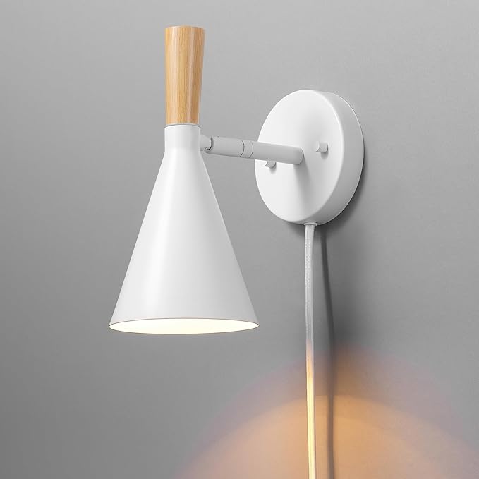 Globe Electric 65000147 1-Light Plug-in or Hardwire Wall Sconce, Matte White, Light Wood-Toned On/Off Rotary Switch on Pivoting Shade, 6ft White Braided Fabric Cord, Wall Lights for Living Room