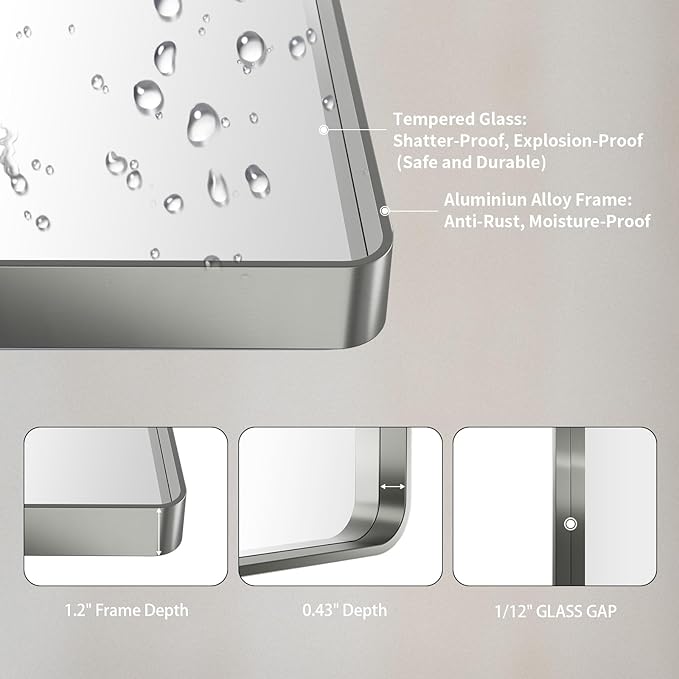 LOAAO 40X32 Inch Brushed Nickel Bathroom Mirror, Rounded Rectangle Silver Metal Frame Mirror, Brushed Nickel, Anti-Rust, Shatter Proof, Hangs Horizontally or Vertically