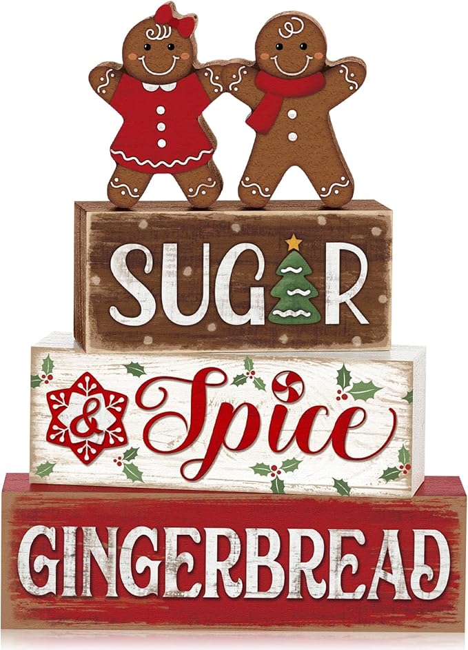 Marsui 4 Pcs Christmas Gingerbread Table Decorations Gingerbread Man Wooden Sign Blocks Rustic Xmas Tiered Tray Decor Farmhouse Holiday Christmas Decorations for Home Indoor Office Desk Mantle Shelf