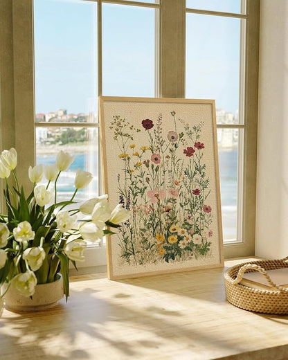 InSimSea Framed Canvas Wall Art Prints, Wall Art for Living Room Bedroom, Beige Vintage Flower Botanical Painting Bathroom Decor, Classic Retro Rustic Farmhouse Wall Shelf Decor, 12x16inch (Pack of 2)