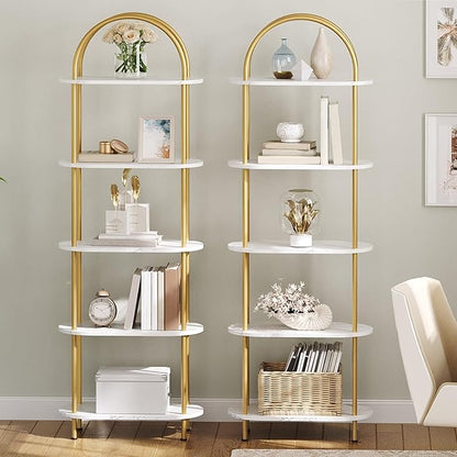 HOOBRO 5 Tier Open Bookshelf, Industrial Arched Bookcase Display Shelf Rack, Wooden Bookcase Storage Shelf Metal Frame, Tall Storage Organizer for Home, Easy Assembly, Gold DM176SJ01