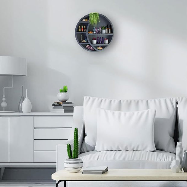 Wooden Crescent Moon Shelf Wall Decor - Decorative Boho Home Hanging Display Shelf for Bedroom, Dorm, Nursery - Easy Mount Storage for Crystals and Essential Oils - 14 x 14 x 3.5 (Navy)