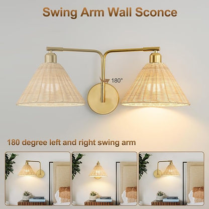 Rattan Rechargeable Wall Sconce Set of 2, Gold Battery Operated Wall Lights with Remote, Hand Woven Boho Sconces Swing Arm Wireless Wall Lamp for Bedroom, Living Room, Hallway Decor