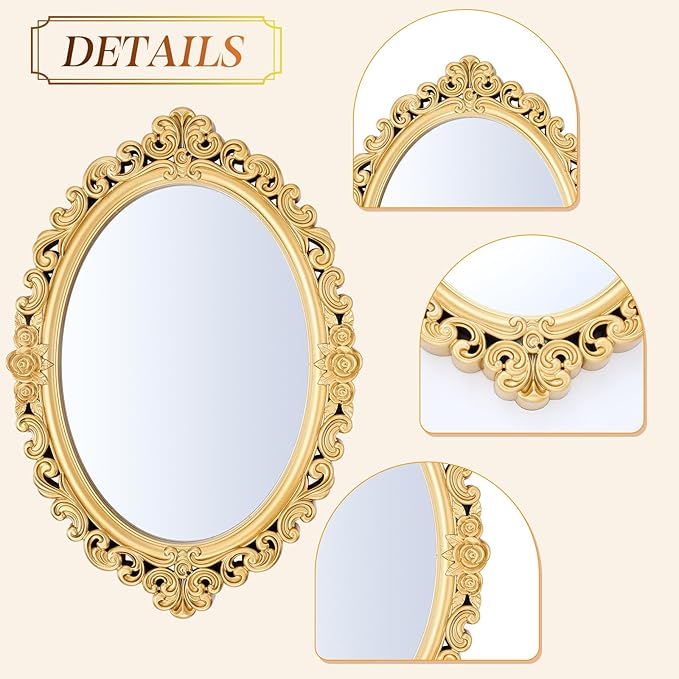 2 Pcs Vintage Decorative Gold Mirror Set Including 12.6" x 9.1" Oval Wall Mirror 15.4" x 9.7" Square Antique Tabletop Makeup Vanity Tray for Bedrooms Room Dresser Decorations(Gold)