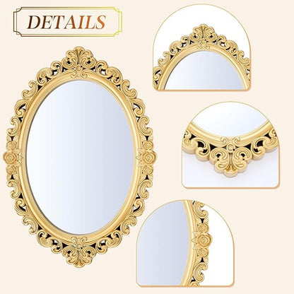 2 Pcs Vintage Decorative Gold Mirror Set Including 12.6" x 9.1" Oval Wall Mirror 15.4" x 9.7" Square Antique Tabletop Makeup Vanity Tray for Bedrooms Room Dresser Decorations(Gold)
