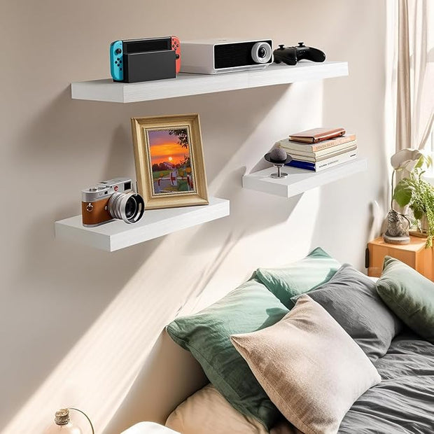 AMADA HOMEFURNISHING Floating Shelves Wall Mounted, 15 x 7 Inch Wall Shelves for Bathroom, Bedroom, Living Room, White Shelves Set of 2
