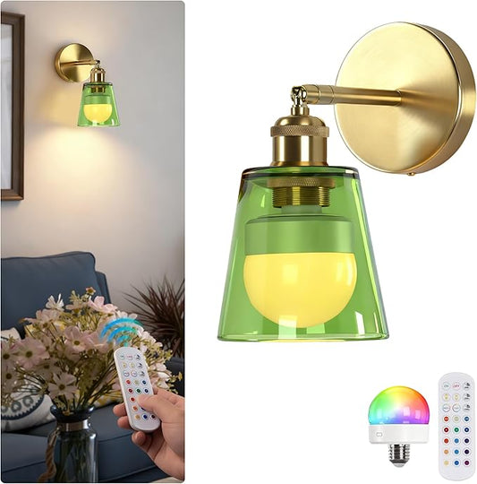 Vintage Battery Operated Wall Sconce with Green Minimalist Glass Lampshade Rechargeable Battery Powered Wall Light with Remote Control for Bedside Bedroom Bathroom, Set of 1