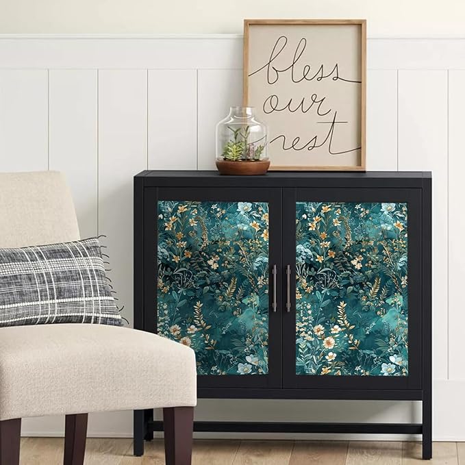 Floral Peel and Stick Wallpaper Green Flower Contact Paper 16.9inch x 393.7inch Botanical Self Adhesive Wallpaper for Bedroom Bathroom Vintage Decorative Cabinet Removable Paper Vinyl Roll