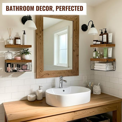 4 Pack Wall Mounted Rustic Wood Floating Shelves with 2 iron Hanging Baskets, Bathroom Shelves Over Toilet, Toilet Paper Storage, Farmhouse Decor Hanging Shelf for Living Room, Kitchen, 16 inch, Brown