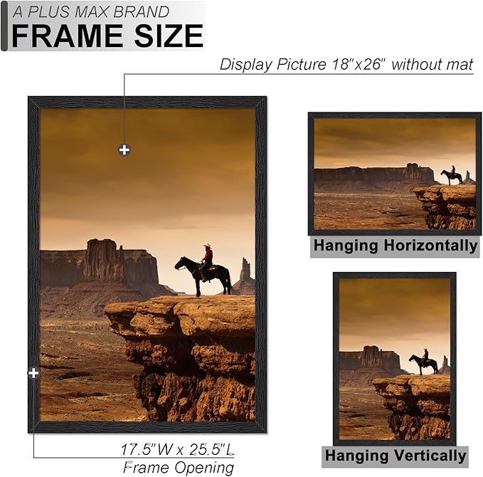 A PLUS MAX 18x26 Picture Frame Set of 2, Black Engineered Wood Frame for 18 x 26 Inch Picture Poster Photo, Light Weight 18 by 26 Frame with Wood-grain for Wall - 2 Pack/Black/18 x26